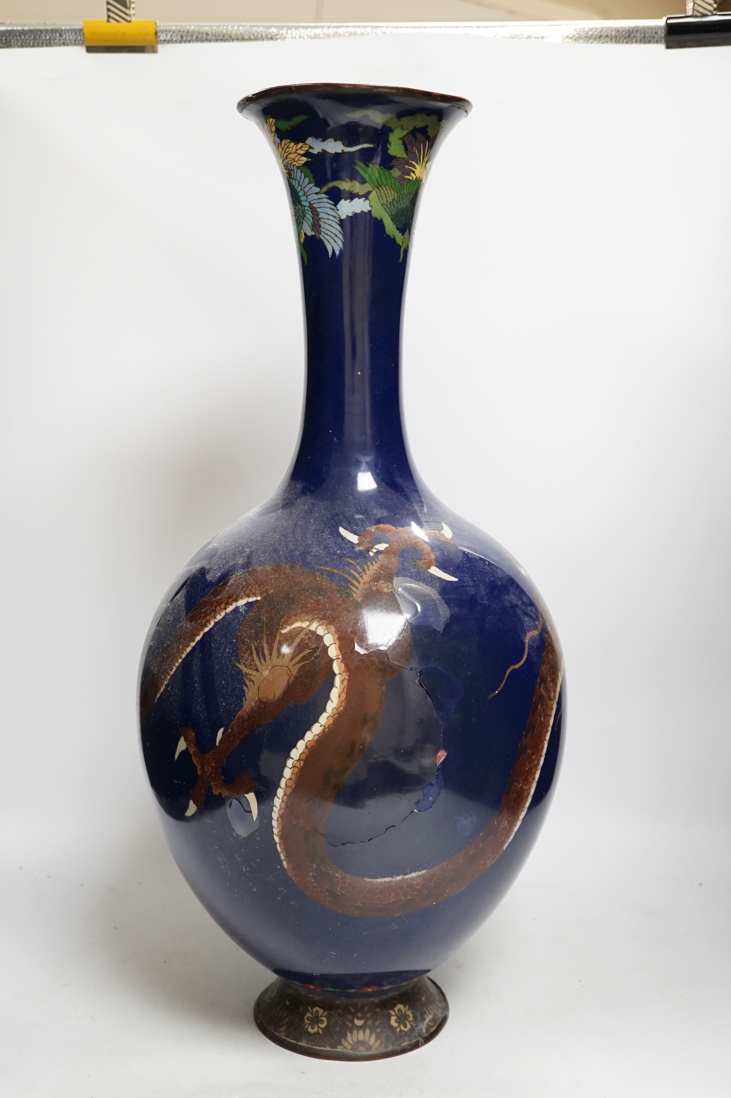 A large Japanese cloisonne enamel 'dragon' bottle vase, 59cm (restored)